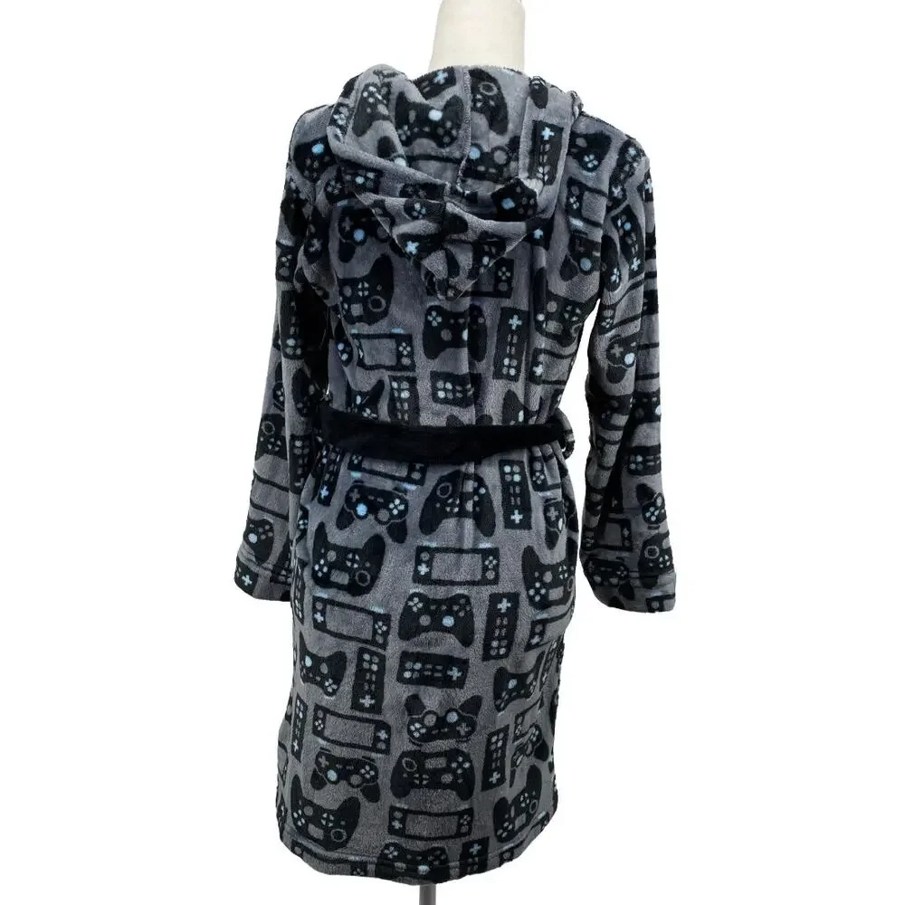 Cuddl Duds Boys Hooded Fleece Robe Gamer Print Size 14 16 Gray Tie Belt